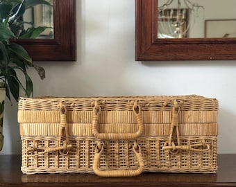 Vintage Wicker Picnic Basket: Small Woven Suitcase, Farmhouse Decor