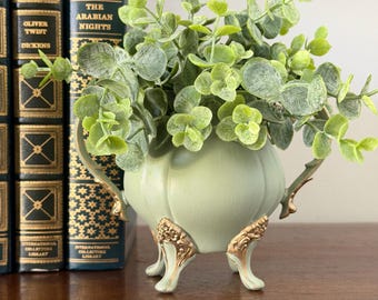 Vintage Hand Painted Sage Green/Gold Leaf Accents Sugar Bowl with Faux Eucalyptus