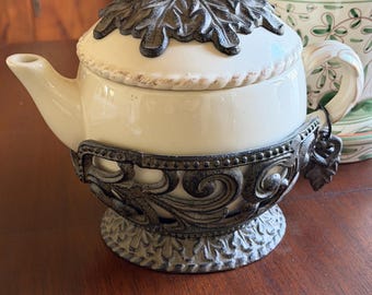 Cream Stoneware Teapot with Metal Acanthus Leaf Holder~Graciuos Goods