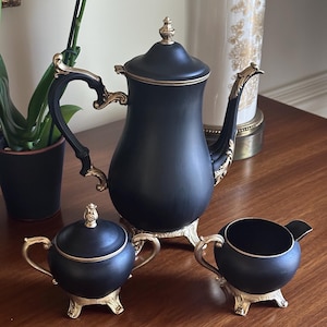 Hand Painted Vintage Tea Set: Black & Gold Leaf Cottage Decor