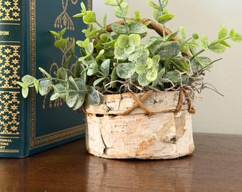 Petite Birch Wood Hand Made Basket with Handle and Faux Eucalyptus