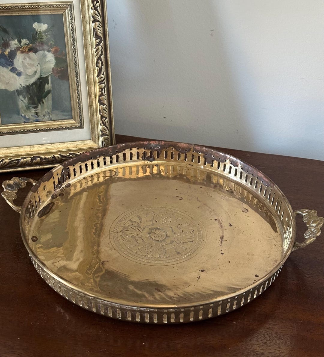 Vintage Etched Round Brass Tray With Flower Handles - Etsy