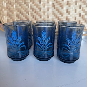Vintage Libby Blue Wheat and Bow Design Juice Glasses. Set of 6