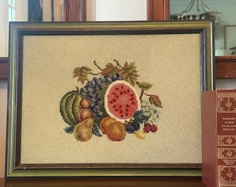 Vintage Framed Needlepoint Tapestry with Still Life Fruit Design