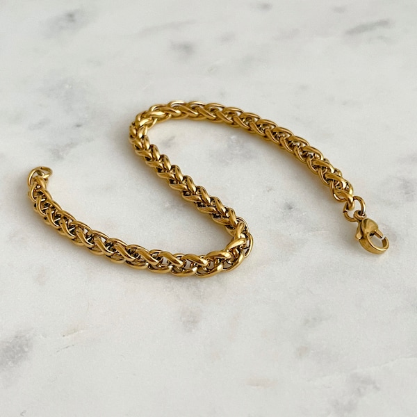 wheat chain bracelet, gold stainless steel bracelet, waterproof bracelet, men's women's jewellery