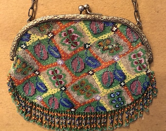 Bolsa de cuentas de vidrio antigua / bolsa de monedas / PERÍODO ROMÁNTICO GEORGIANO / Biedermeier del siglo 1900