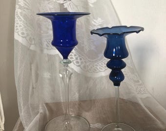 2 vasi in vetro blu stile Lauscha, soffiati a bocca e realizzati a mano / Assolutamente bellissimi!! / BROCANTE + VINTAGE / Oggetti da collezione