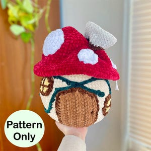 Paddenstoelenhuis vulling houder haakpatroon, tas met trekkoord amigurumi-tutorial, kabouterhuis, paddenverblijf
