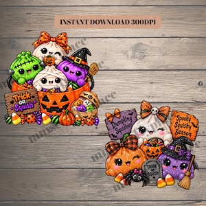 May include: Digital illustration featuring two clusters of cute Halloween-themed characters including dumplings, pumpkins, and a witch hat. One sign reads Trick or Squish, while the other says Dumpling Squishies and Spooky Squishy Season.