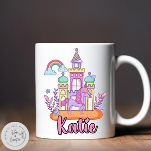 Castle Mug for Girls Kingdom Mug for Daughters Rainbow and Unicorn Mugs for Nieces Gift from Aunt on her Birthday Kids Mugs Girls Name Mugs