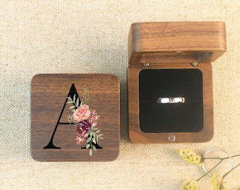 Custom Walnut Ring Box • Alphabet Flower Jewelry Box • Solid Wooden Ring Box  • Small Jewelry Box Gift for Her/Him