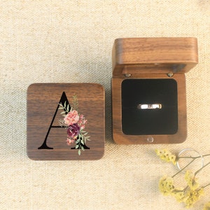 Custom Walnut Ring Box • Alphabet Flower Jewelry Box • Solid Wooden Ring Box  • Small Jewelry Box Gift for Her/Him