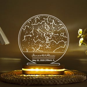 Carte des étoiles personnalisée par date, veilleuse de carte des étoiles, carte de la constellation personnalisée, ciel nocturne par date, cadeau de fiançailles pour elle et lui