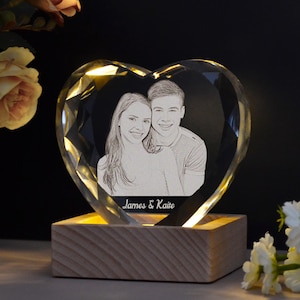 Personalized 3D Crystal Photo Portrait with Light Base, 3D Engraved Crystal Photo Gift, Heart Crystal Photo Brick, Family Gift, Gift for Her