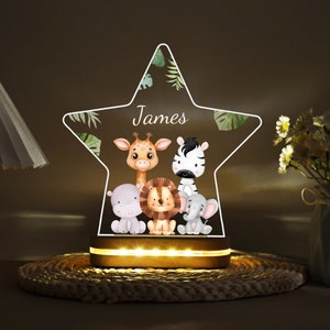 Personalised Jungle Animal Night Light, Kids Star Lamp Gift, Safari Jungle Animal Light, Birthday Gifts for Kids, Kids Bedroom Nursery Light