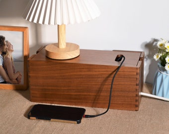 Handmade Wooden Cable Management Box • Walnut Cable Storage Box • Charger Wire Socket Organizer • Cords Keeper