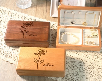 Custom  Birth Flower Name Solid Wood  Jewelry Box  • Natural Walnut Cherry Wood Jewelry Box • Earring Bracelet Necklace Ring Storage Box