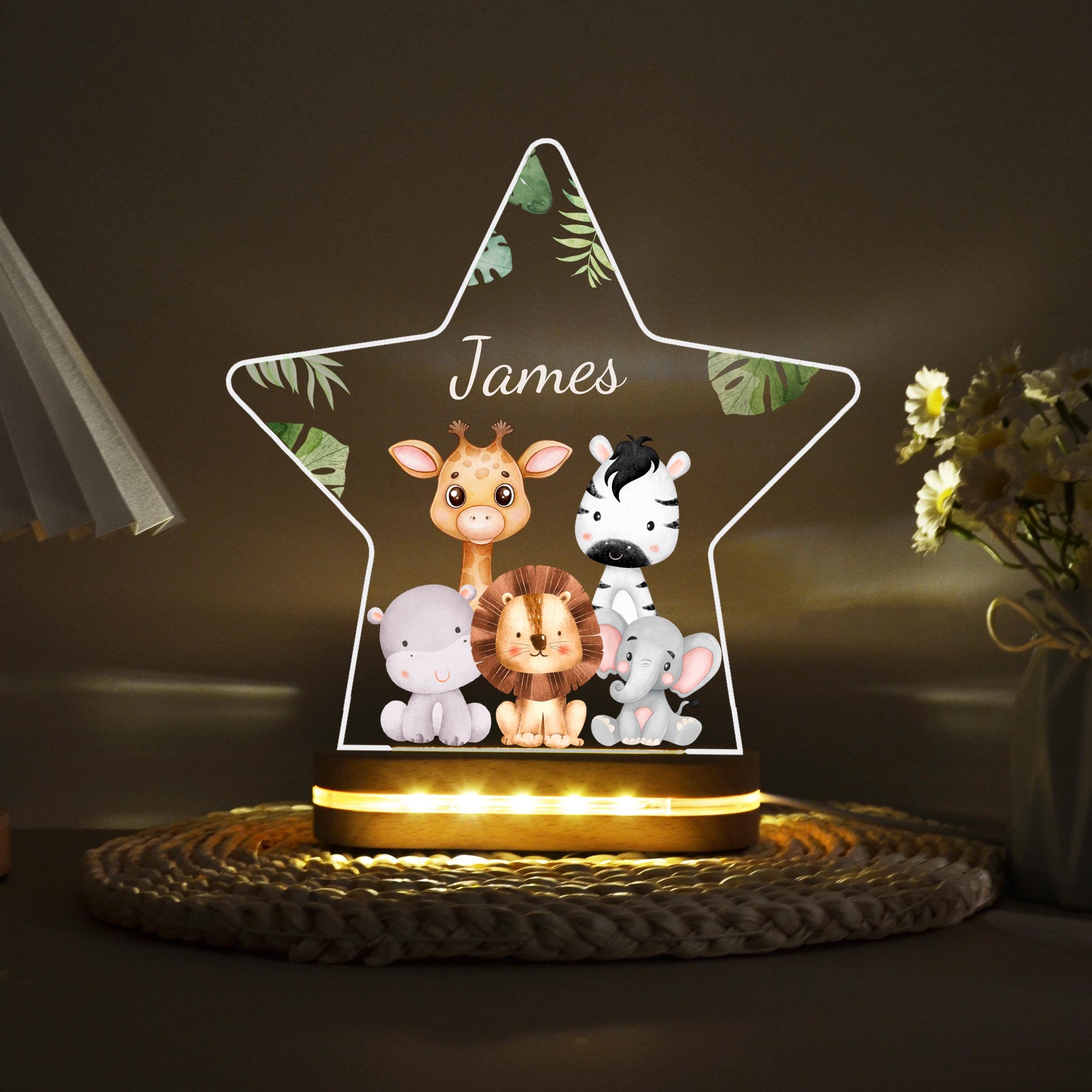 Personalised Jungle Animal Night Light, Kids Star Lamp Gift, Safari Jungle Animal Light, Birthday Gifts for Kids, Kids Bedroom Nursery Light