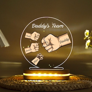 Personalized Daddy&#39;s Team Fist Bump Acrylic LED Night Light, Custom Daddy Kids Names Fist Bump For Fathers Day, Dad Grandpa Gift