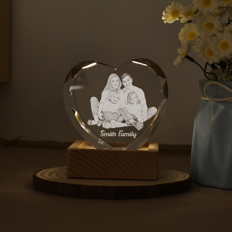 Personalized 3D Crystal Photo Portrait with Light Base, 3D Engraved Crystal Photo Gift, Heart Crystal Photo Brick, Family Gift, Gift for Her