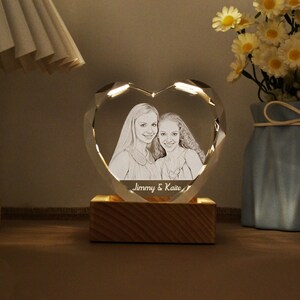 Personalized 3D Crystal Photo Portrait with Light Base, 3D Engraved Crystal Photo Gift, Heart Crystal Photo Brick, Family Gift, Gift for Her