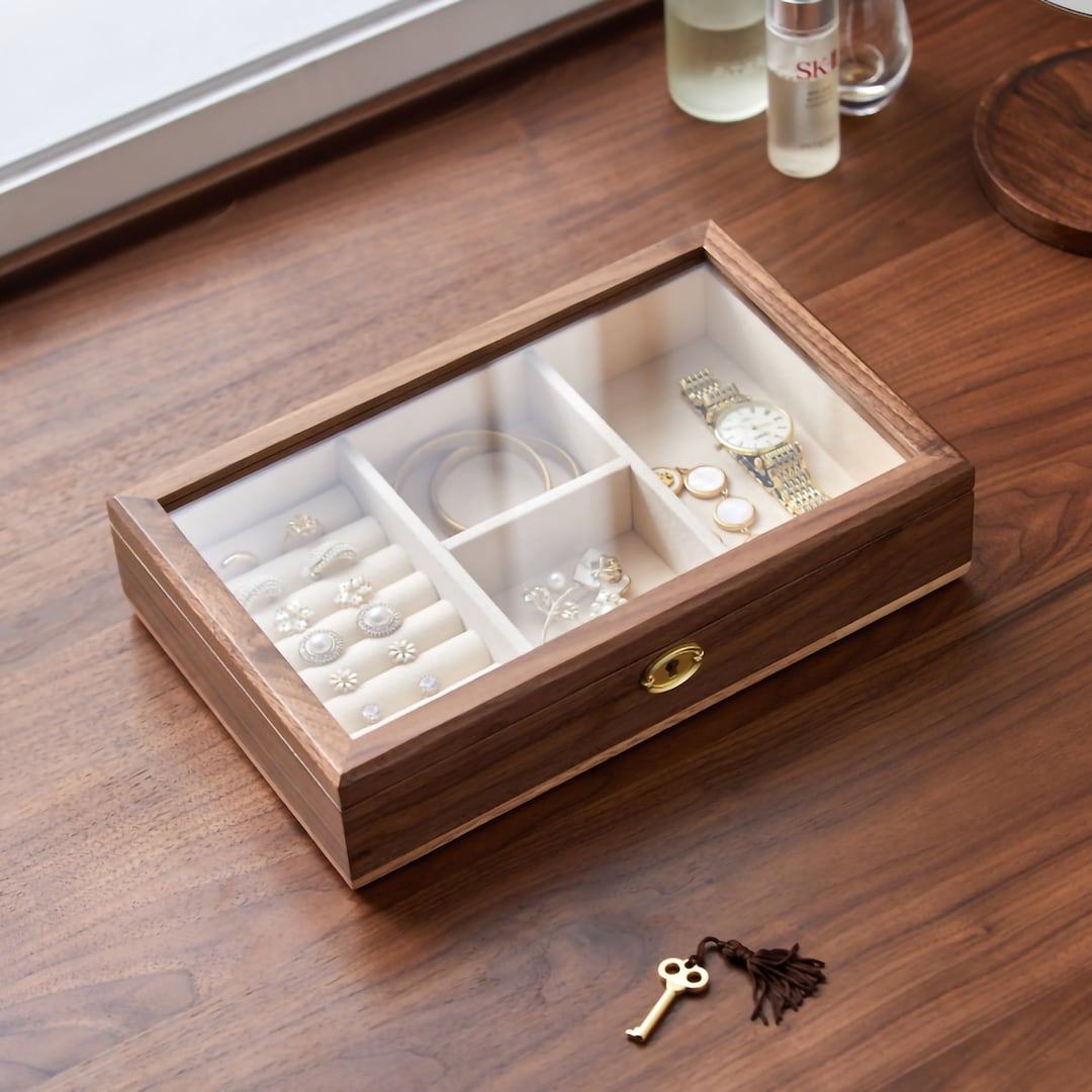 Handmade Walnut Wood Jewelry Box Glass Lid Solid Wood Etsy