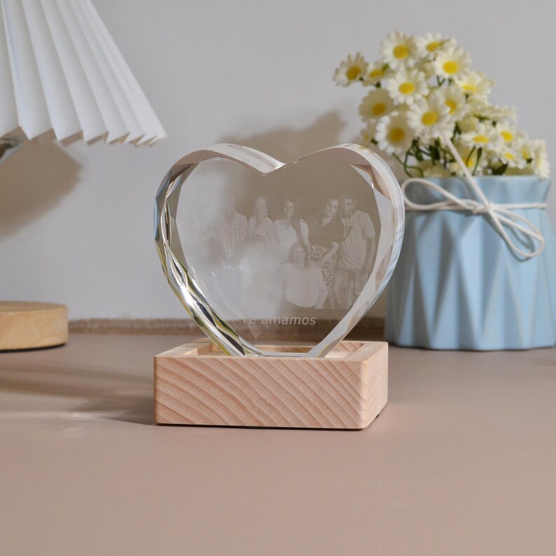 Personalized 3D Crystal Photo Portrait with Light Base, 3D Engraved Crystal Photo Gift, Heart Crystal Photo Brick, Family Gift, Gift for Her