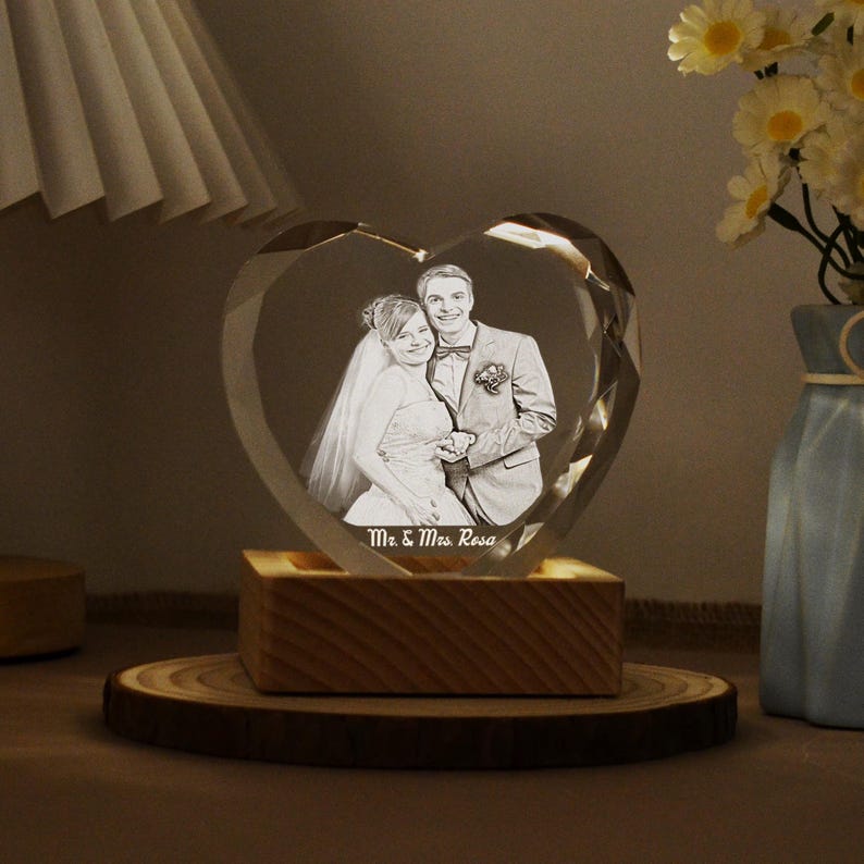 Personalized 3D Crystal Photo Portrait with Light Base, 3D Engraved Crystal Photo Gift, Heart Crystal Photo Brick, Family Gift, Gift for Her