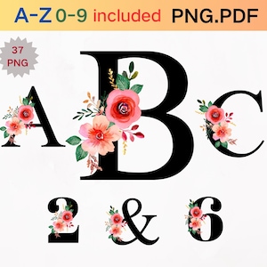 Alfabeto floral de acuarela, monograma floral, alfabeto floral, inicial floral, alfabeto PNG, PNG floral, decoración de bodas, maquetas