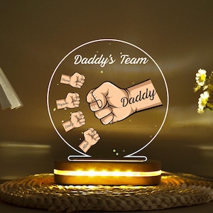 Personalized Daddy&#39;s Team Fist Bump Acrylic LED Night Light, Custom Daddy Kids Names Fist Bump For Fathers Day, Dad Grandpa Gift