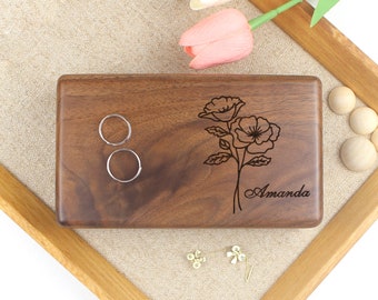 Custom  Birth Flower Name Solid Wood  Jewelry Box  • Natural Walnut Cherry Wood Jewelry Box • Earring Bracelet Necklace Ring Storage Box