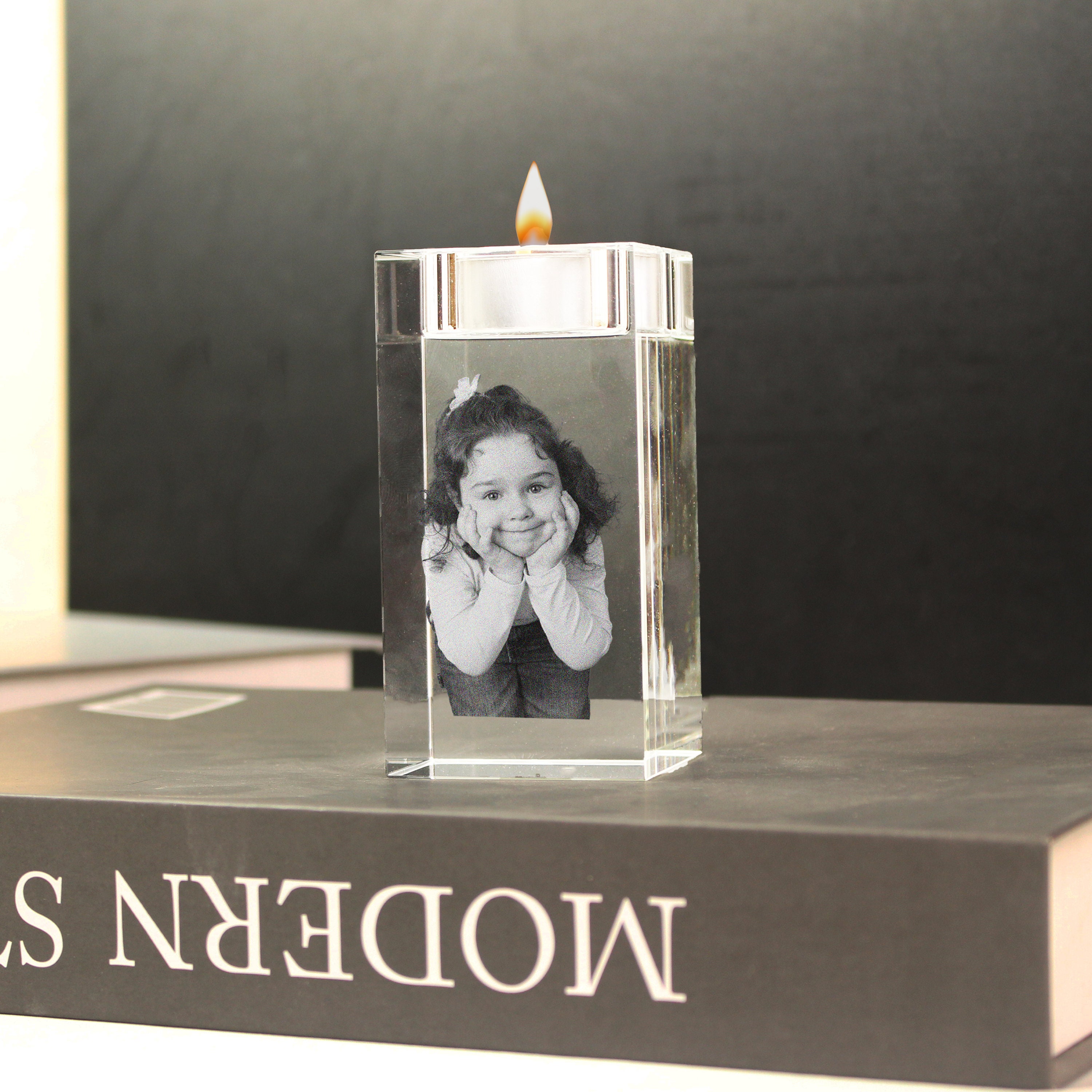 Bougeoir photo en cristal 3D personnalisé - Gravure au laser - Pour mariage, anniversaire, souvenirs - Pour papa, mère, animal de compagnie - Cadeau personnalisé (3D, 12 cm