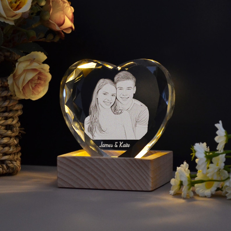 Personalized 3D Crystal Photo Portrait with Light Base, 3D Engraved Crystal Photo Gift, Heart Crystal Photo Brick, Family Gift, Gift for Her