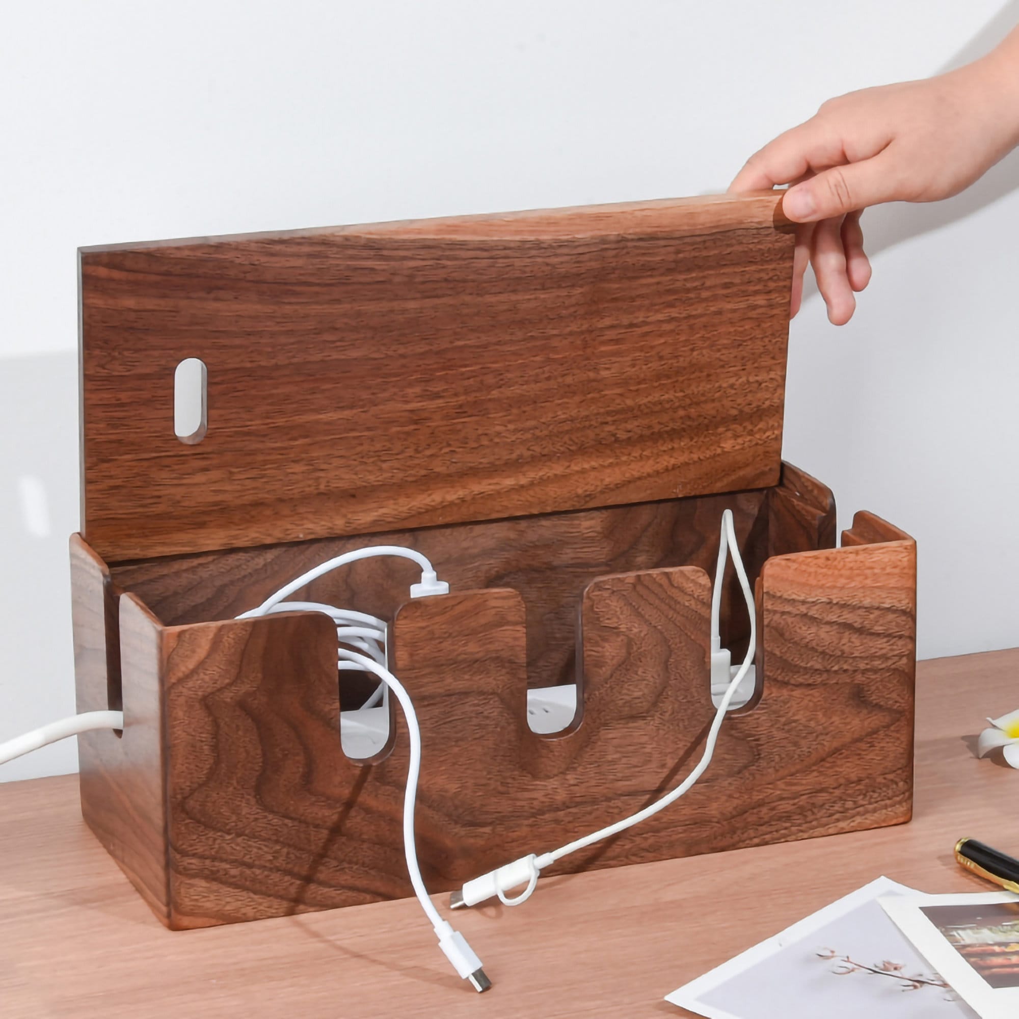 Handmade Wooden Cable Management Box Walnut Cable Storage Box Charger Wire  Socket Organizer Cords Keeper 