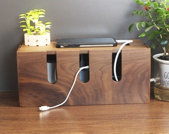 Handmade Wooden Cable Management Box • Walnut Cable Storage Box • Charger Wire Socket Organizer • Cords Keeper