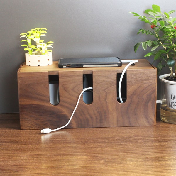 Handmade Wooden Cable Management Box • Walnut Cable Storage Box • Charger Wire Socket Organizer • Cords Keeper