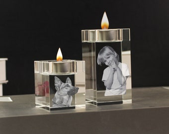 Bougeoir en cristal personnalisé • Cristal laser 3D photo personnalisé • Cadeaux personnalisés pour un anniversaire, un mariage, une maman, cadeaux d'une fille