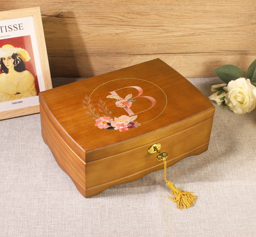 Custom Wooden Jewelry Box for Women Alphabet Flower Wood Jewelry Organizer With Lock & Key
