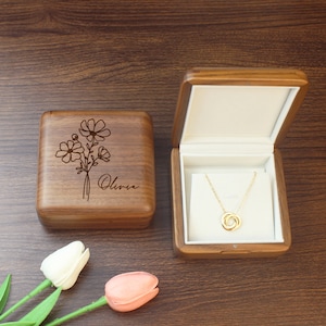 Benutzerdefinierte Geburtstagsblume Name Massivholz Halskette Box • Natürliche Walnuss Schmuckschatulle • Vintage Halskette Aufbewahrungsbox