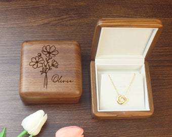 Custom  Birthday Flower Name Solid Wood  Necklace Box  • Natural Walnut Jewelry Box •  Vintage Necklace Storage Box