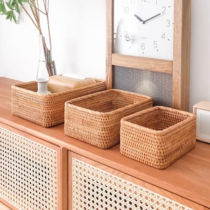 Handmade Rectangular Woven Rattan Storage Basket • Woven Rattan Tray Basket • Home Makeup Clothes Bathroom Living Room Storage Basket