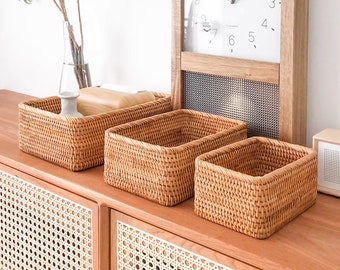 Handmade Rectangular Woven Rattan Storage Basket • Woven Rattan Tray Basket • Home Makeup Clothes Bathroom Living Room Storage Basket
