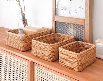 Handmade Rectangular Woven Rattan Storage Basket • Woven Rattan Tray Basket • Home Makeup Clothes Bathroom Living Room Storage Basket