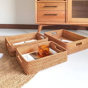 Handmade Rectangular Woven Rattan Storage Basket • Woven Rattan Tray Basket • Home Makeup Clothes Bathroom Living Room Storage Basket