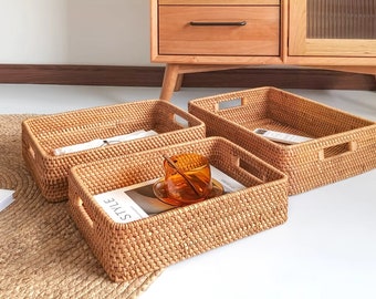 Handmade Rectangular Woven Rattan Storage Basket • Woven Rattan Tray Basket • Home Makeup Clothes Bathroom Living Room Storage Basket