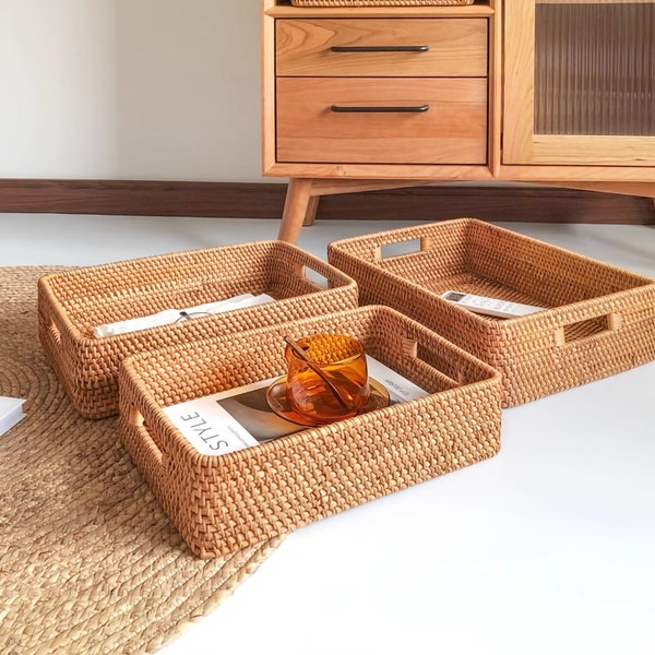 Handmade Rectangular Woven Rattan Storage Basket • Woven Rattan Tray Basket • Home Makeup Clothes Bathroom Living Room Storage Basket