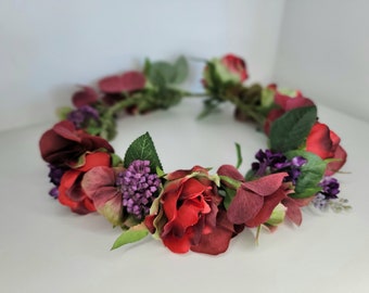 Red burgundy and purple flower crown, Frida headband, Day of the Dead headpiece, Boho floral crown, Mauve hair accessory, Flower girl halo