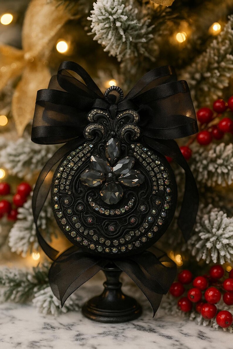 Moody Black Christmas Ornament | Gothic Tree Decor | Black Elegance Christmas Ornament | Dark Glam Holiday Decoration | Luxury Gift image 9