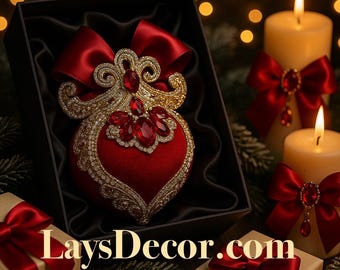 Red Gold Velvet Christmas Ornament | Rhinestone Ornament | Jeweled Crystal Christmas Ornament | Victorian Style Collectible Tree Ornament