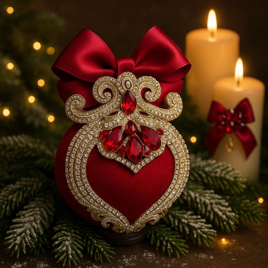 Handmade Velvet Christmas Ornament: Red, Gold, and Rhinestone Bauble